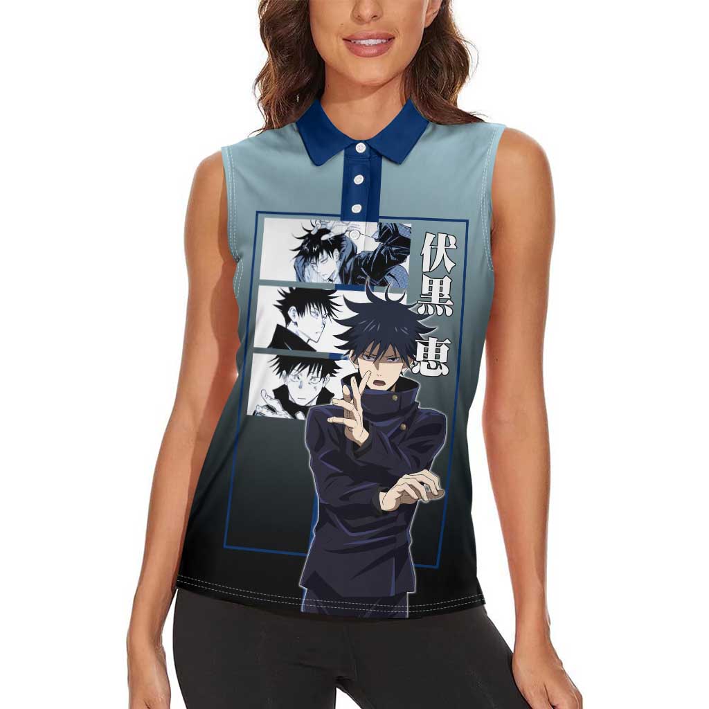 Megumi Fushiguro from Jujutsu Kaisen Women Sleeveless Polo Shirt with Dark Blue and Black Background and Multiple Poses Design - The Mazicc