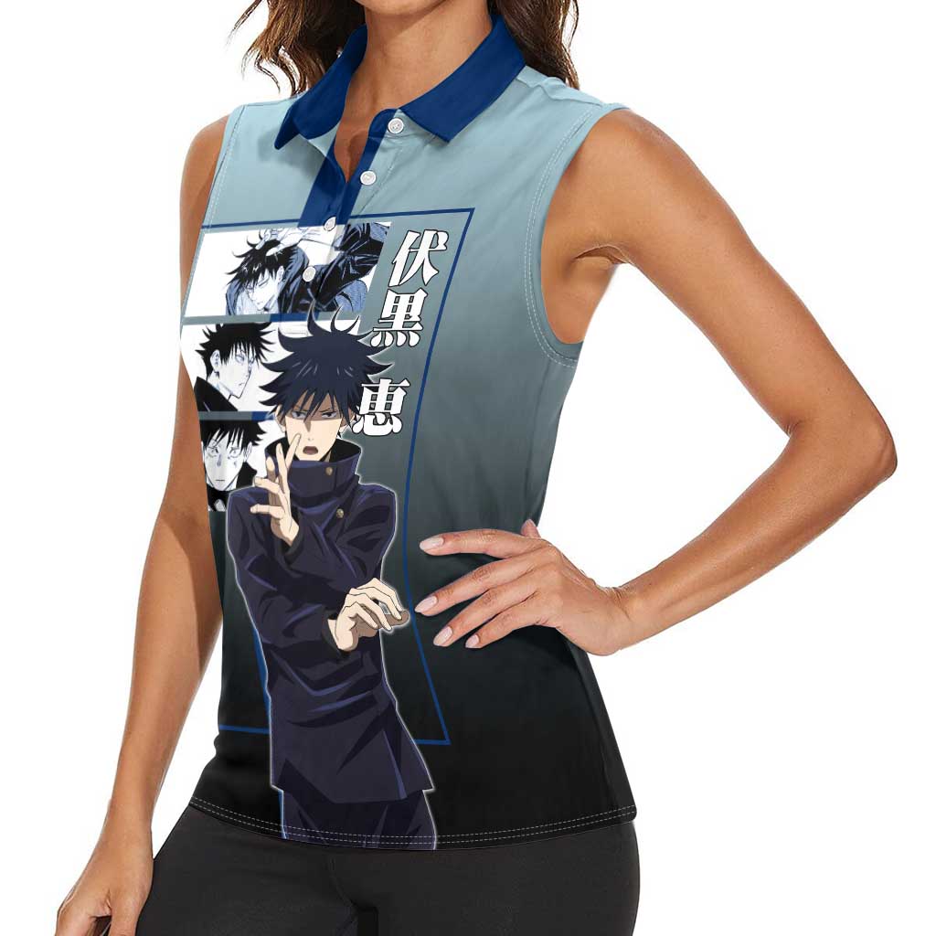 Megumi Fushiguro from Jujutsu Kaisen Women Sleeveless Polo Shirt with Dark Blue and Black Background and Multiple Poses Design - The Mazicc