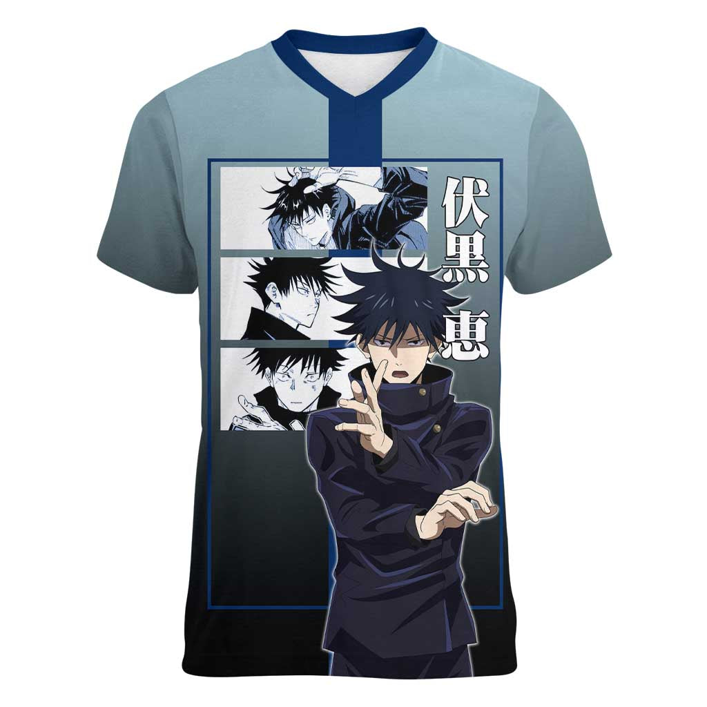 Megumi Fushiguro from Jujutsu Kaisen Women V-Neck T-Shirt with Dark Blue and Black Background and Multiple Poses Design - The Mazicc