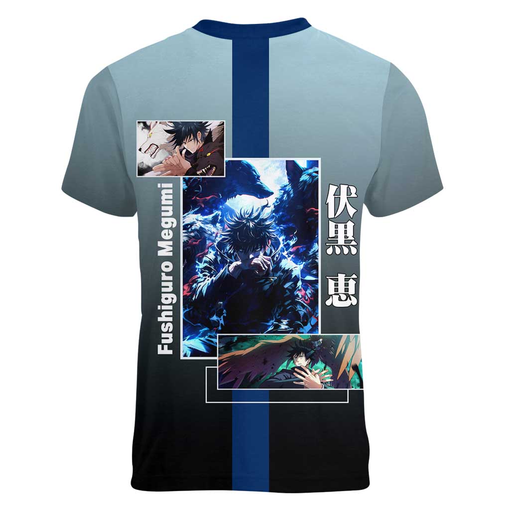 Megumi Fushiguro from Jujutsu Kaisen Women V-Neck T-Shirt with Dark Blue and Black Background and Multiple Poses Design - The Mazicc