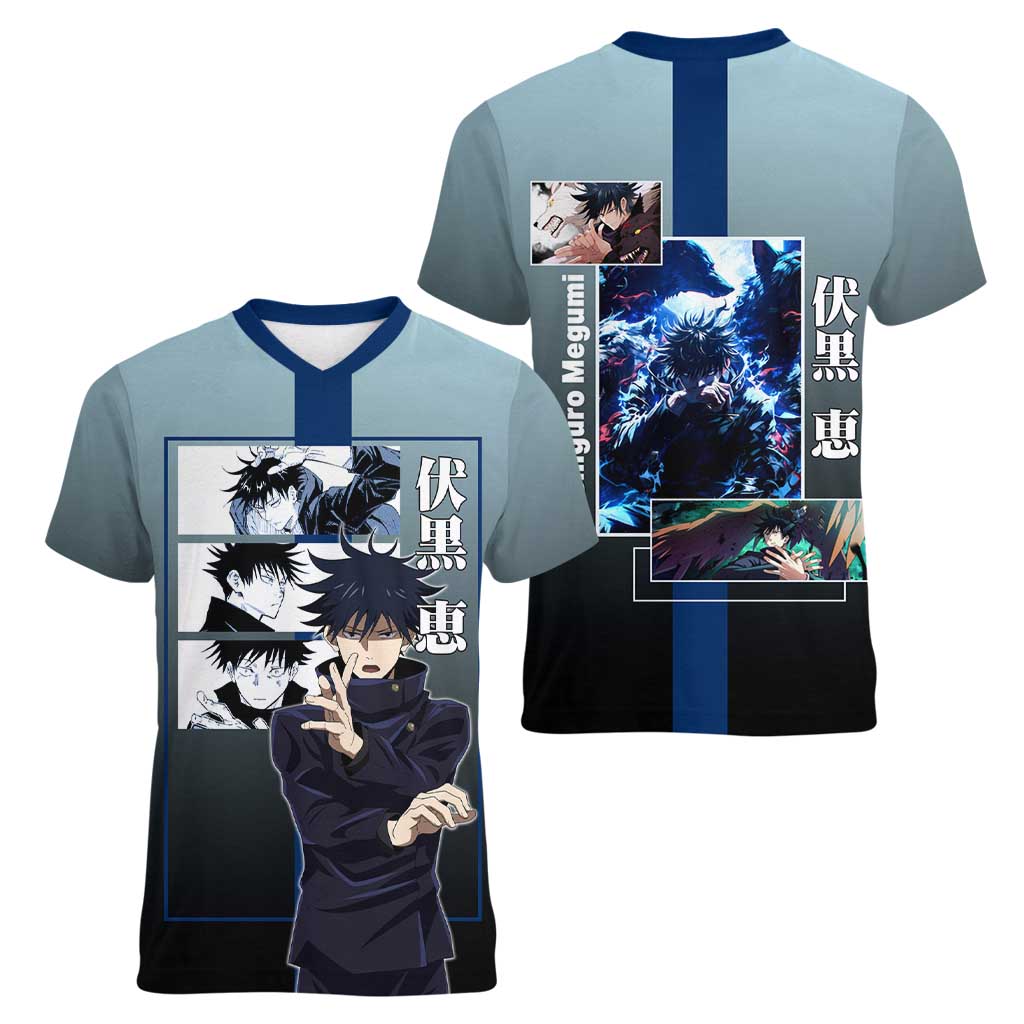 Megumi Fushiguro from Jujutsu Kaisen Women V-Neck T-Shirt with Dark Blue and Black Background and Multiple Poses Design - The Mazicc