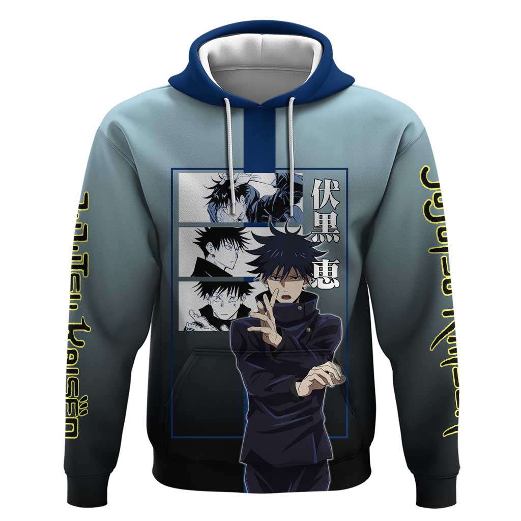Megumi Fushiguro from Jujutsu Kaisen Zip Hoodie with Dark Blue and Black Background and Multiple Poses Design - The Mazicc