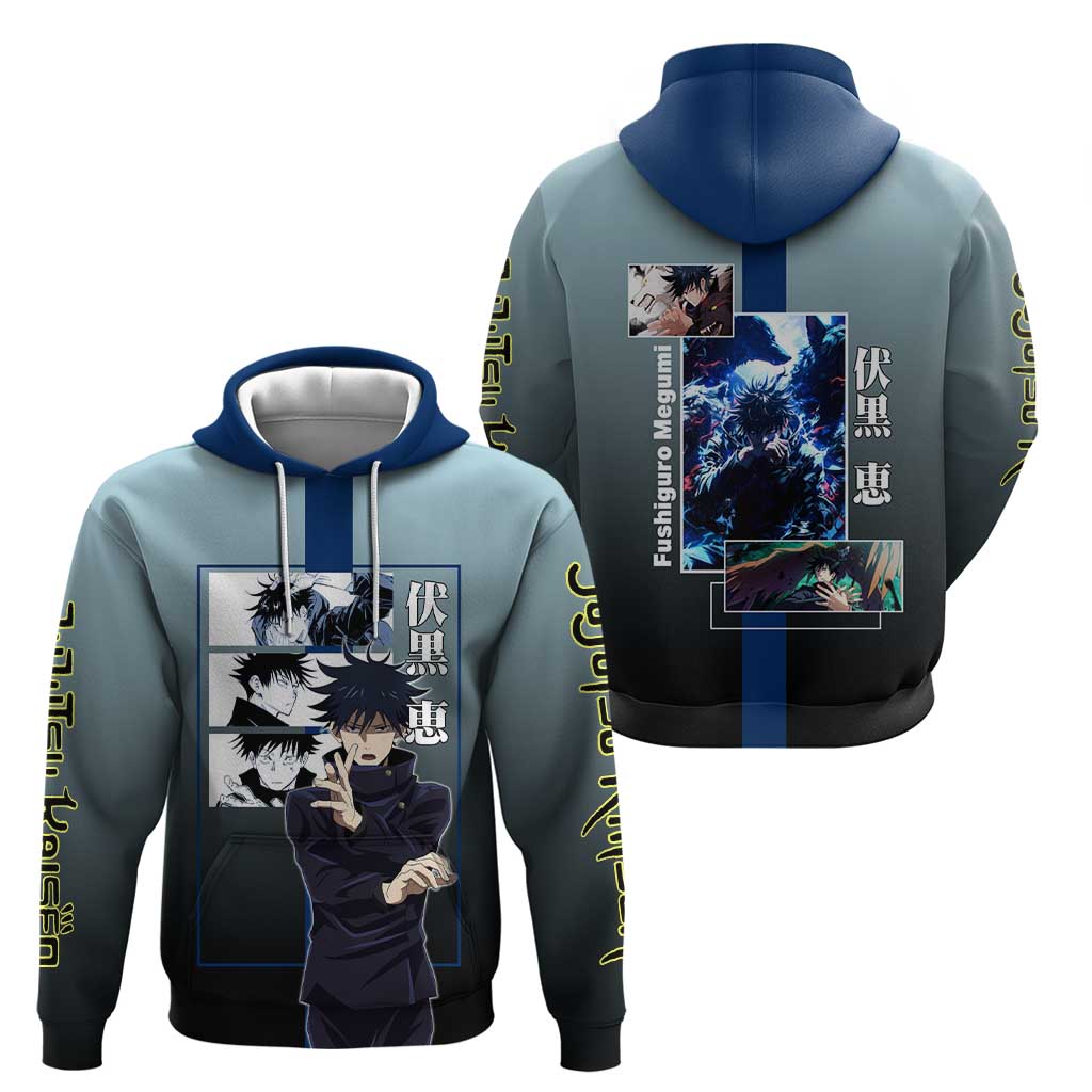 Megumi Fushiguro from Jujutsu Kaisen Zip Hoodie with Dark Blue and Black Background and Multiple Poses Design - The Mazicc