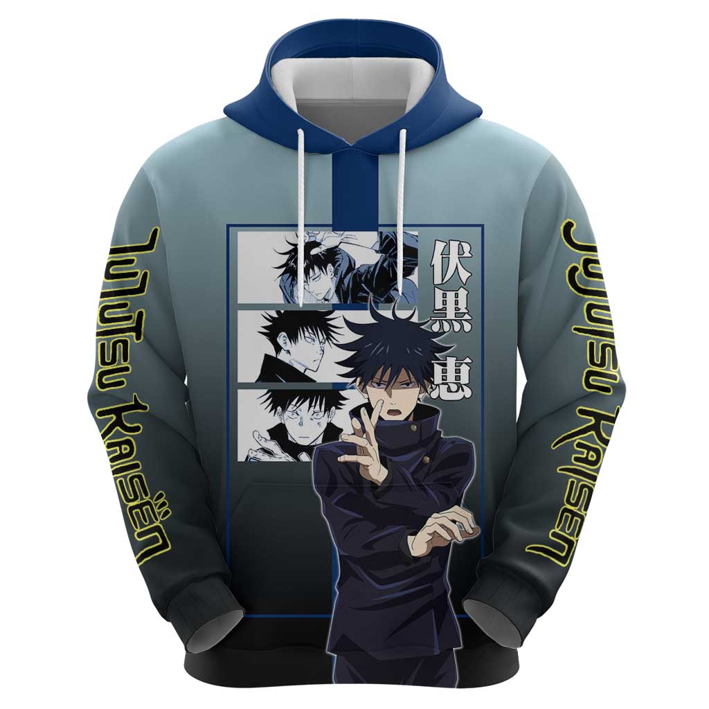 Megumi Fushiguro from Jujutsu Kaisen Zip Hoodie with Dark Blue and Black Background and Multiple Poses Design - The Mazicc