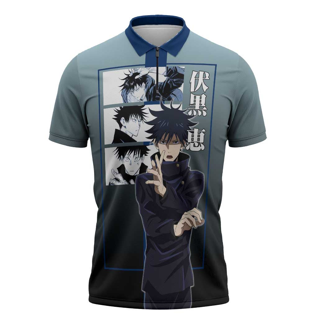 Megumi Fushiguro from Jujutsu Kaisen Zipper Polo Shirt with Dark Blue and Black Background and Multiple Poses Design - The Mazicc