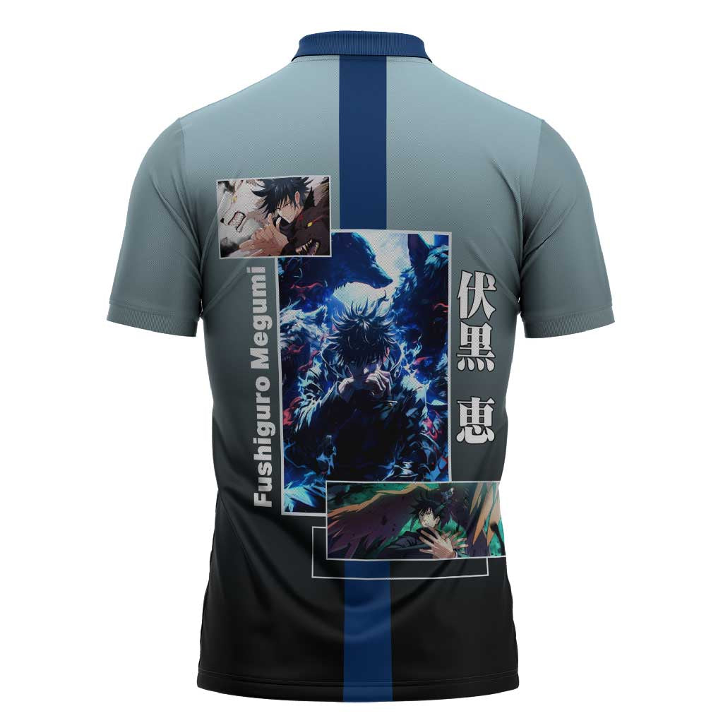 Megumi Fushiguro from Jujutsu Kaisen Zipper Polo Shirt with Dark Blue and Black Background and Multiple Poses Design - The Mazicc