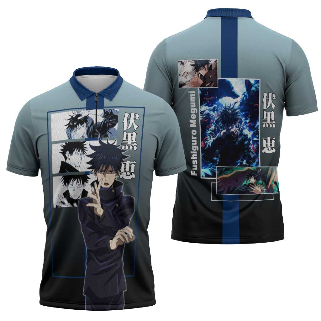Megumi Fushiguro from Jujutsu Kaisen Zipper Polo Shirt with Dark Blue and Black Background and Multiple Poses Design - The Mazicc