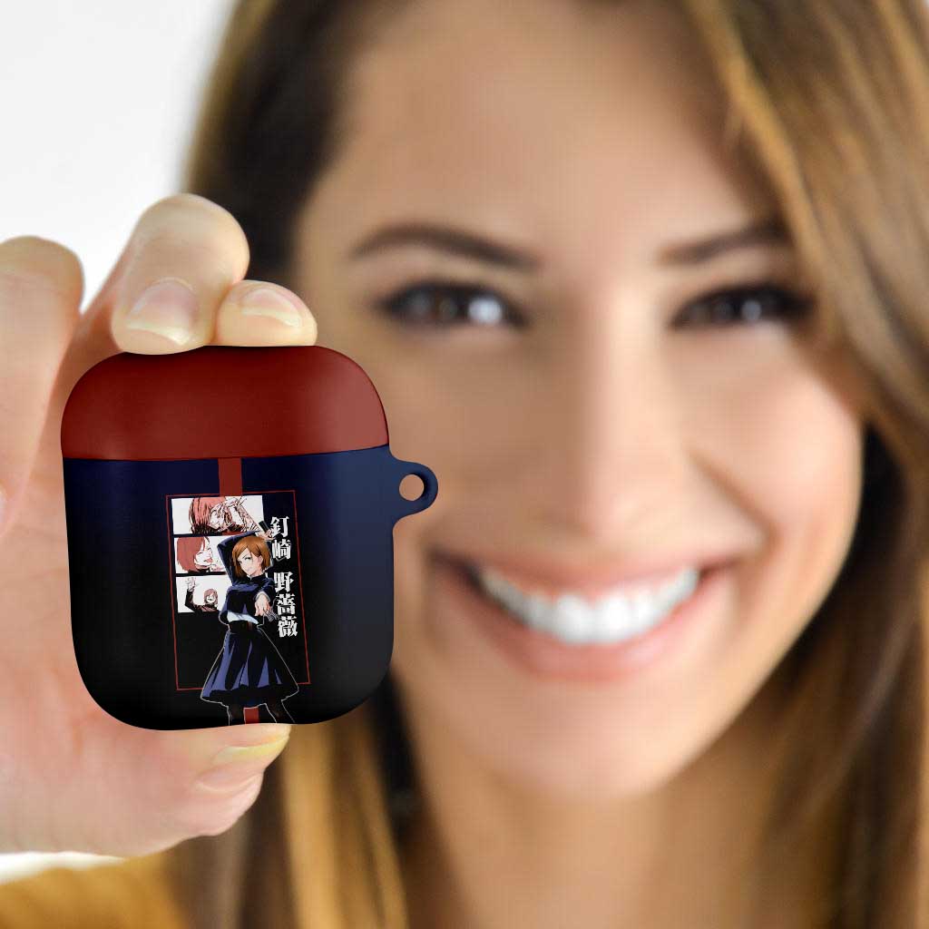 Nobara Kugisaki from Jujutsu Kaisen AirPods Case with Dark Blue and Red Background and Multiple Poses Design - The Mazicc