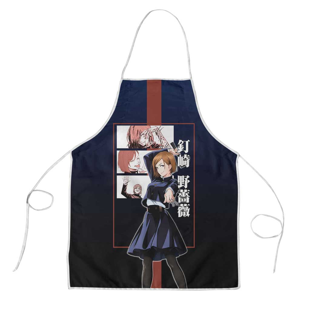 Nobara Kugisaki from Jujutsu Kaisen Apron with Dark Blue and Red Background and Multiple Poses Design - The Mazicc
