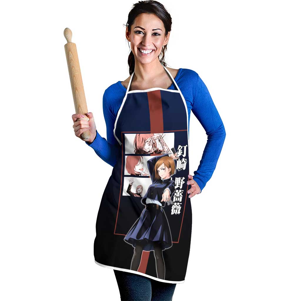 Nobara Kugisaki from Jujutsu Kaisen Apron with Dark Blue and Red Background and Multiple Poses Design - The Mazicc