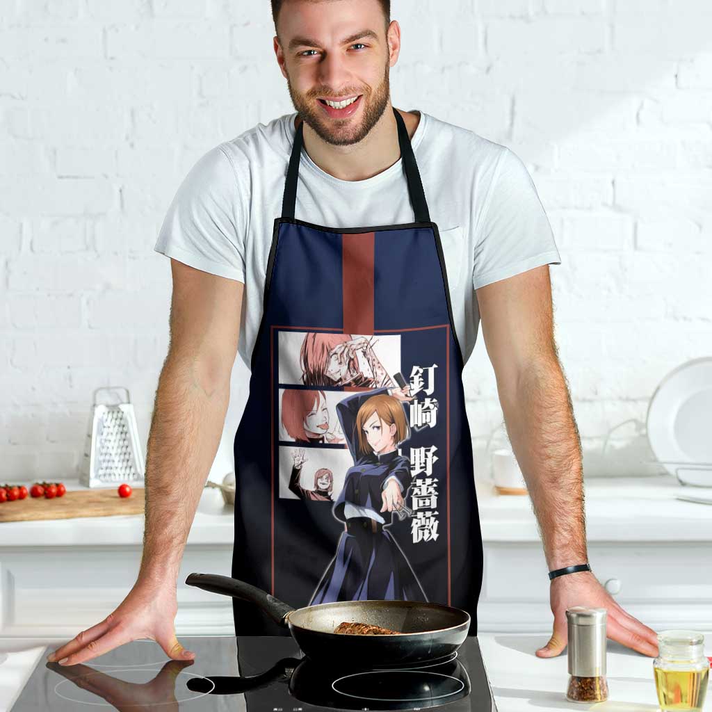 Nobara Kugisaki from Jujutsu Kaisen Apron with Dark Blue and Red Background and Multiple Poses Design - The Mazicc