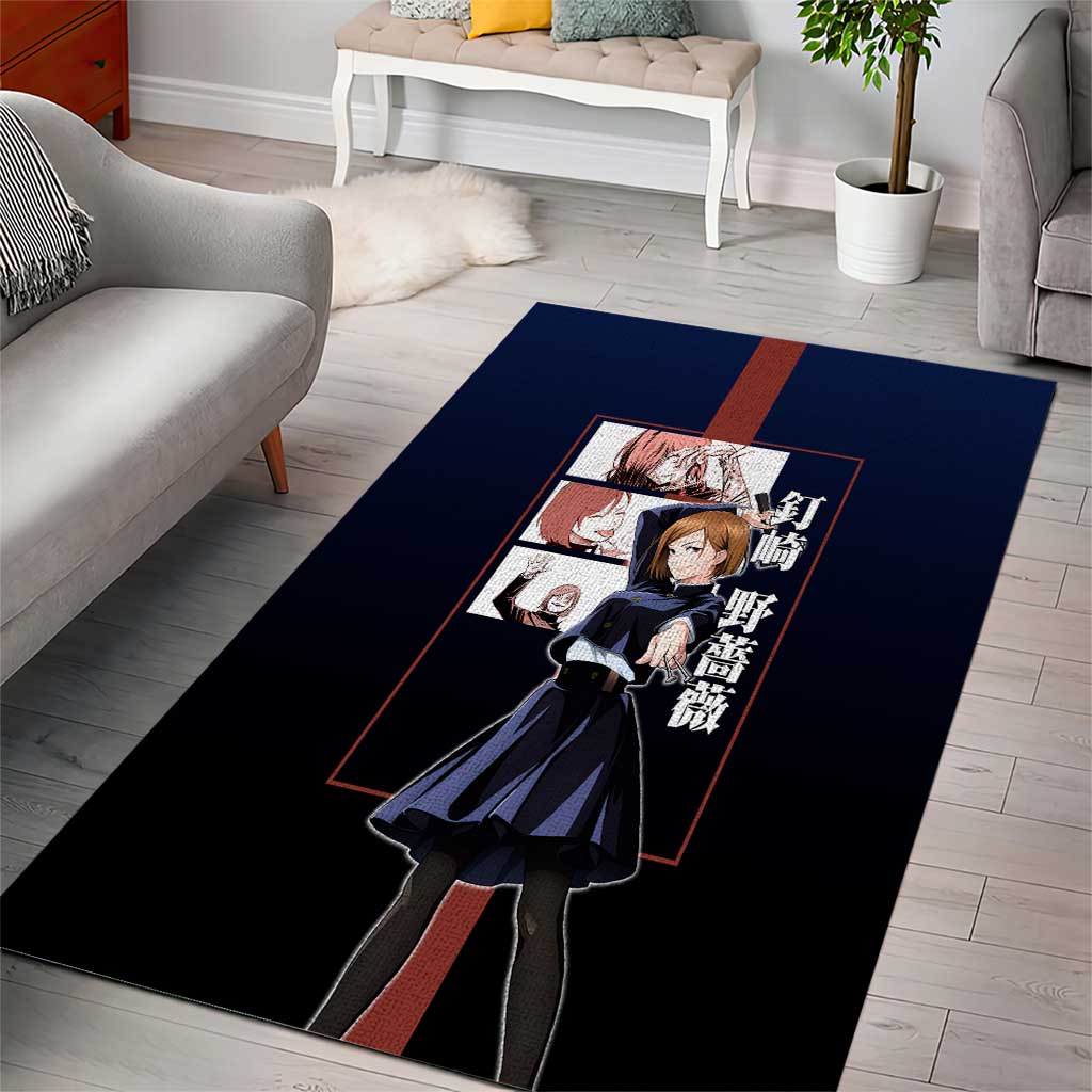 Nobara Kugisaki from Jujutsu Kaisen Area Rug with Dark Blue and Red Background and Multiple Poses Design - The Mazicc