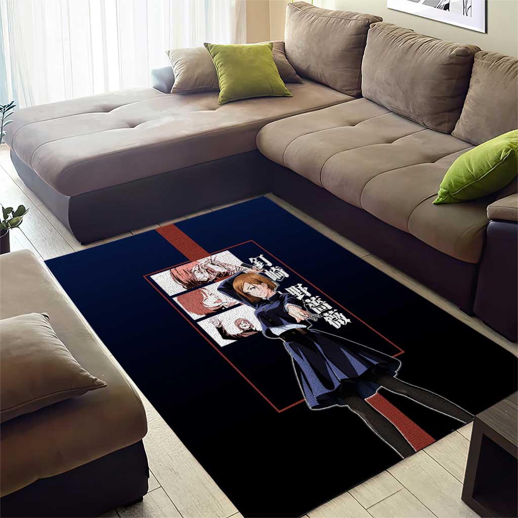Nobara Kugisaki from Jujutsu Kaisen Area Rug with Dark Blue and Red Background and Multiple Poses Design - The Mazicc