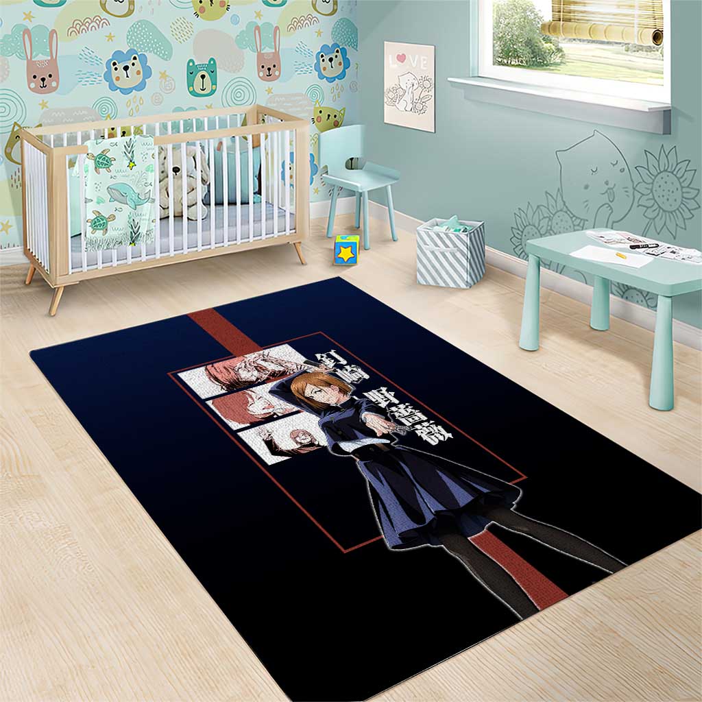 Nobara Kugisaki from Jujutsu Kaisen Area Rug with Dark Blue and Red Background and Multiple Poses Design - The Mazicc