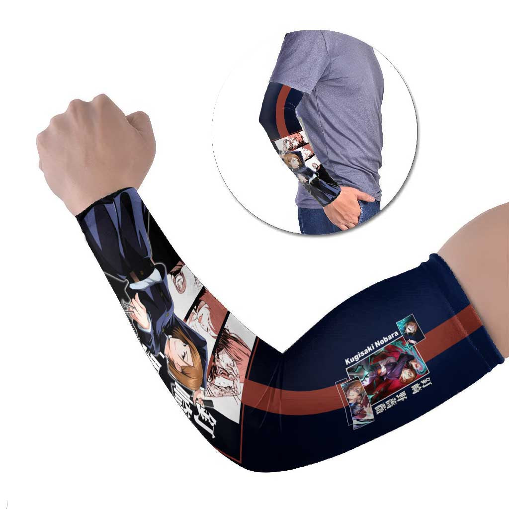 Nobara Kugisaki from Jujutsu Kaisen Arm Sleeves with Dark Blue and Red Background and Multiple Poses Design - The Mazicc