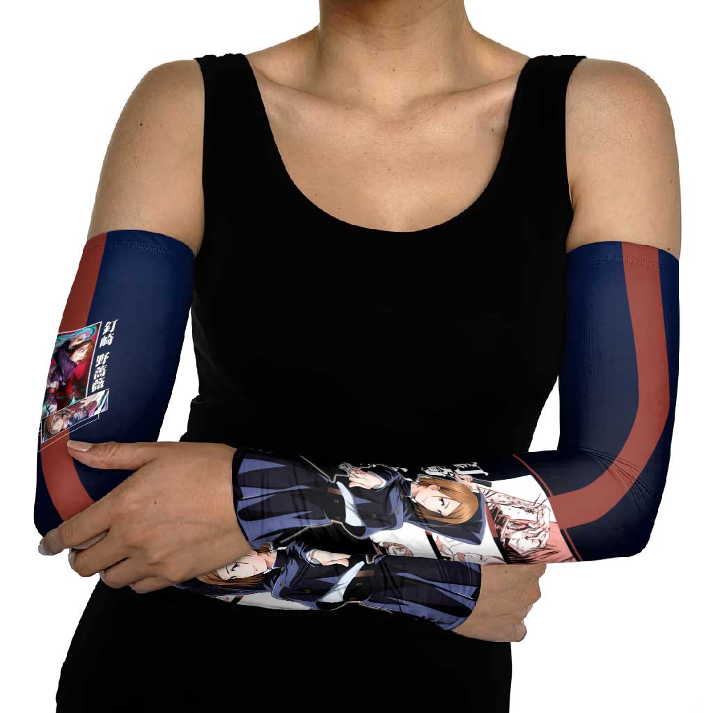 Nobara Kugisaki from Jujutsu Kaisen Arm Sleeves with Dark Blue and Red Background and Multiple Poses Design - The Mazicc