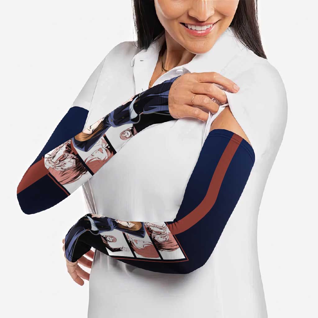 Nobara Kugisaki from Jujutsu Kaisen Arm Sleeves with Dark Blue and Red Background and Multiple Poses Design - The Mazicc