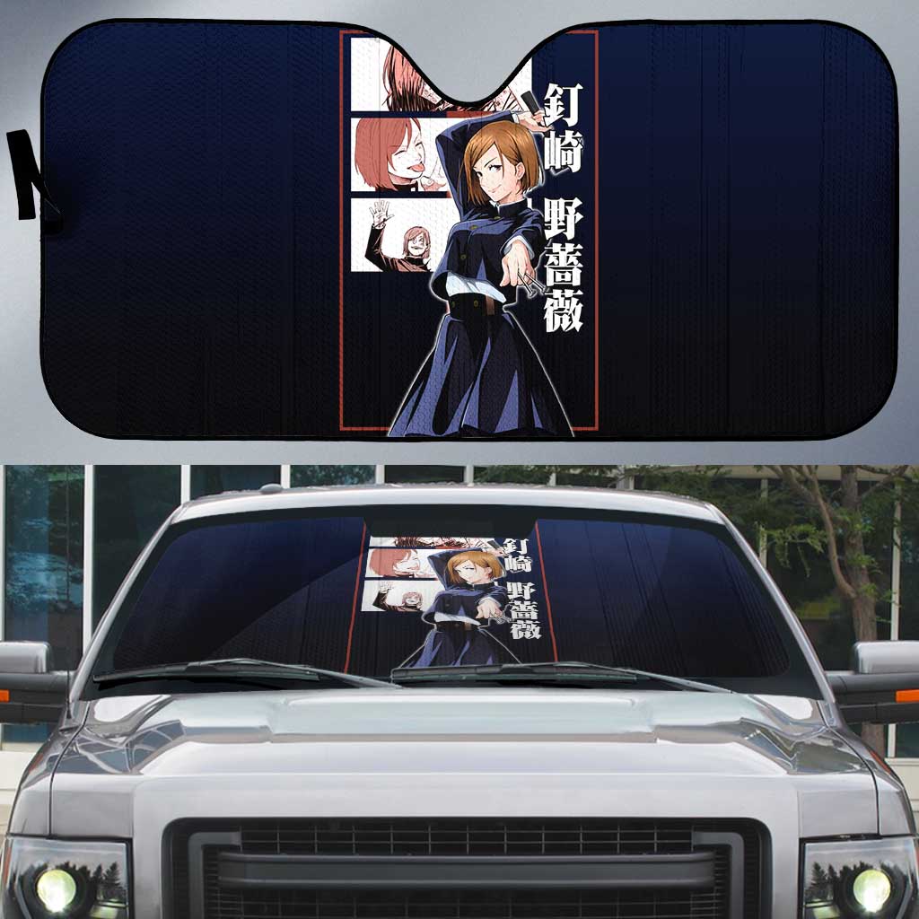 Nobara Kugisaki from Jujutsu Kaisen Auto Sun Shade with Dark Blue and Red Background and Multiple Poses Design - The Mazicc