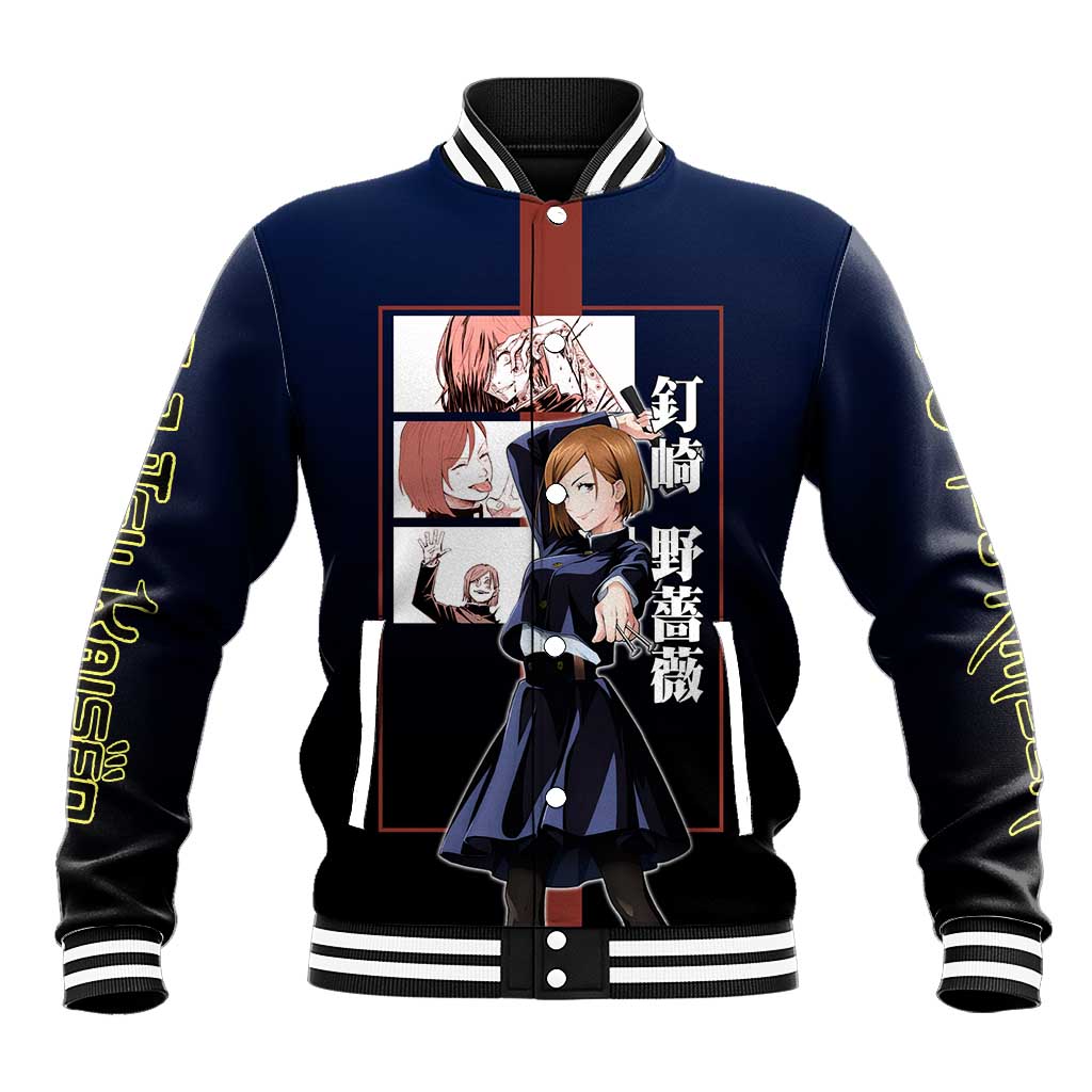 Nobara Kugisaki from Jujutsu Kaisen Baseball Jacket with Dark Blue and Red Background and Multiple Poses Design - The Mazicc
