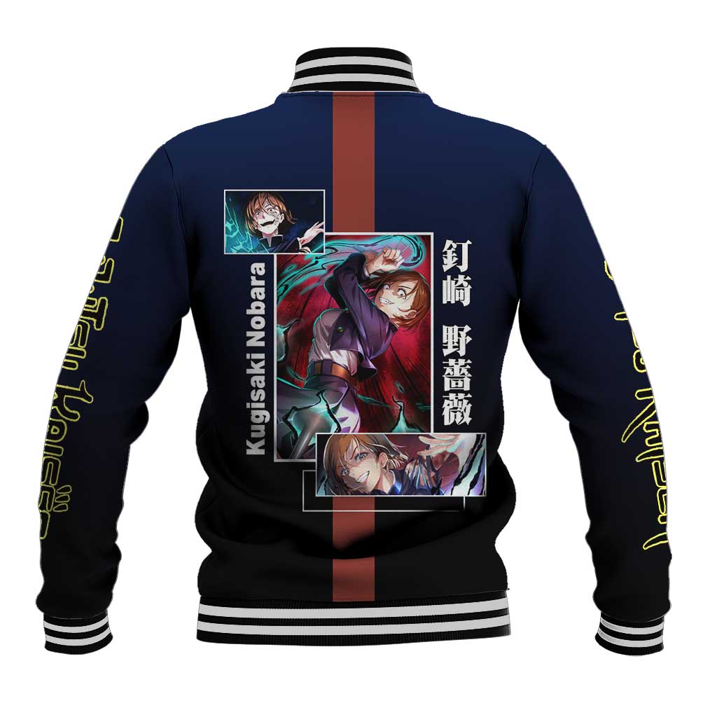 Nobara Kugisaki from Jujutsu Kaisen Baseball Jacket with Dark Blue and Red Background and Multiple Poses Design - The Mazicc
