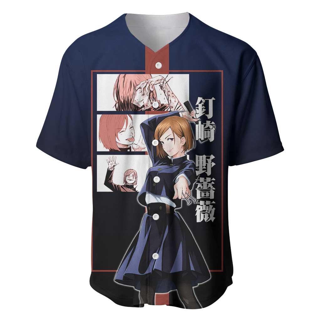 Nobara Kugisaki from Jujutsu Kaisen Baseball Jersey with Dark Blue and Red Background and Multiple Poses Design - The Mazicc