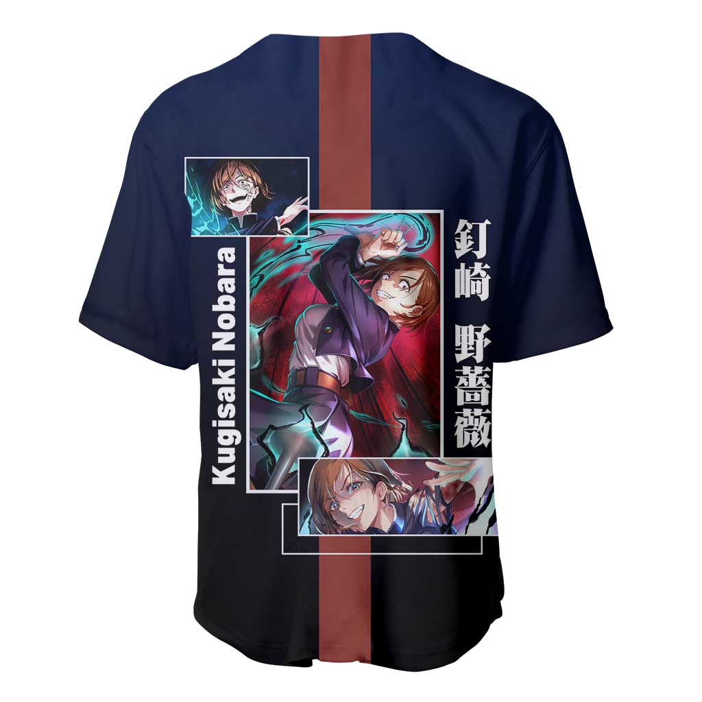 Nobara Kugisaki from Jujutsu Kaisen Baseball Jersey with Dark Blue and Red Background and Multiple Poses Design - The Mazicc