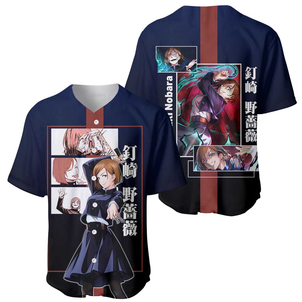 Nobara Kugisaki from Jujutsu Kaisen Baseball Jersey with Dark Blue and Red Background and Multiple Poses Design - The Mazicc