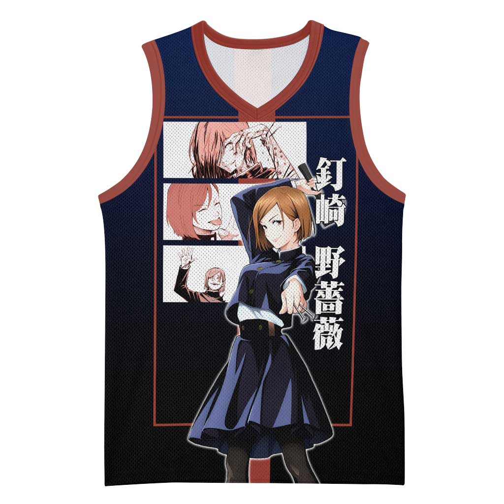 Nobara Kugisaki from Jujutsu Kaisen Basketball Jersey with Dark Blue and Red Background and Multiple Poses Design - The Mazicc