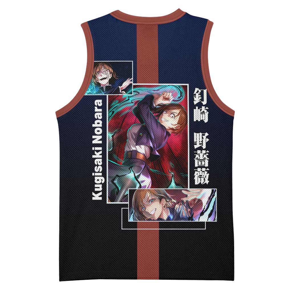 Nobara Kugisaki from Jujutsu Kaisen Basketball Jersey with Dark Blue and Red Background and Multiple Poses Design - The Mazicc
