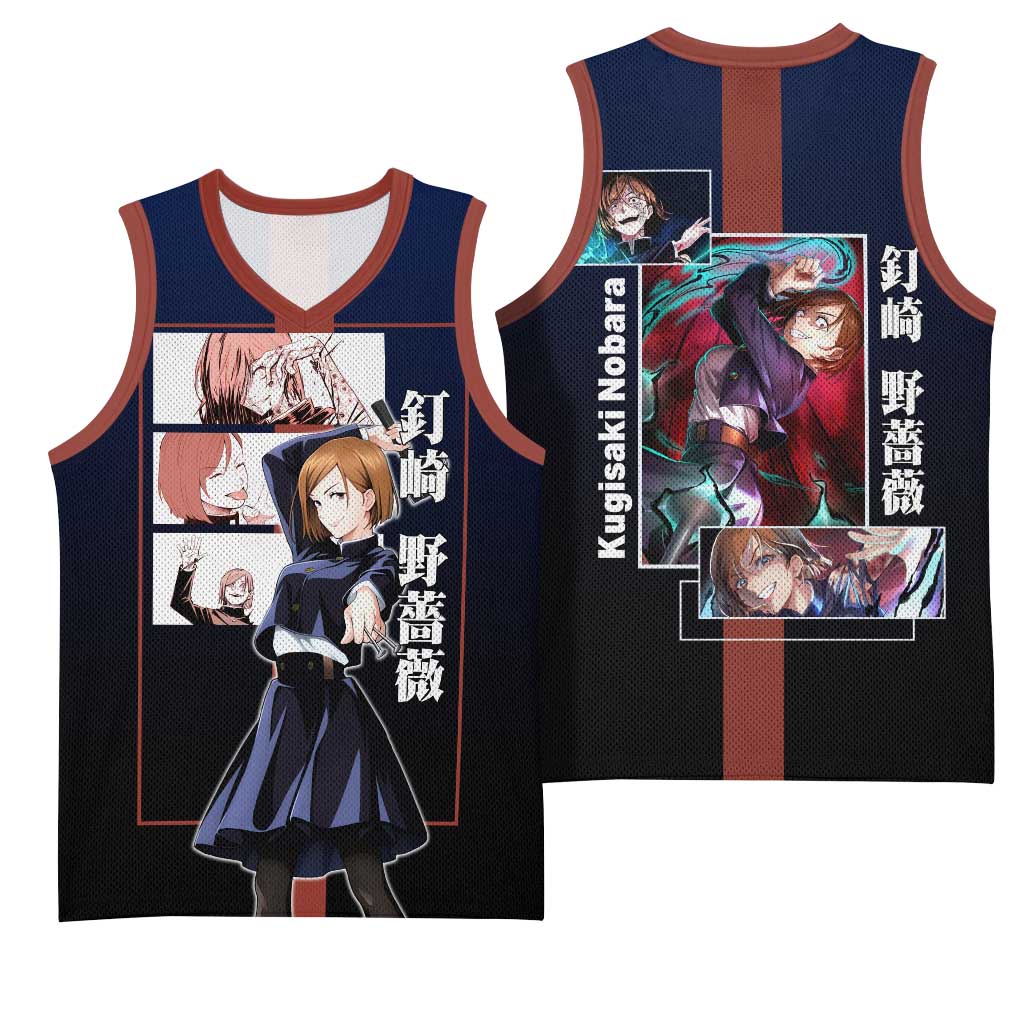 Nobara Kugisaki from Jujutsu Kaisen Basketball Jersey with Dark Blue and Red Background and Multiple Poses Design - The Mazicc