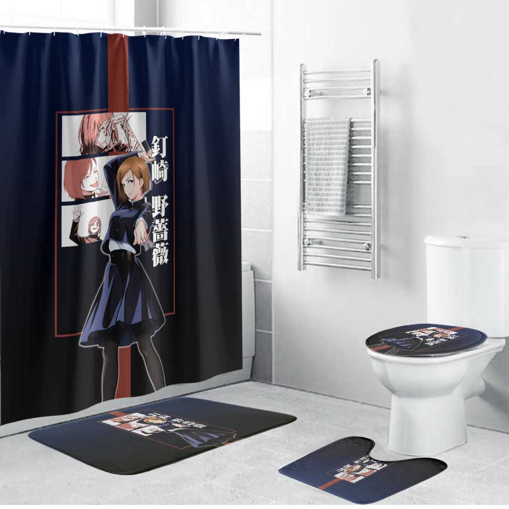 Nobara Kugisaki from Jujutsu Kaisen Bathroom Set with Dark Blue and Red Background and Multiple Poses Design - The Mazicc