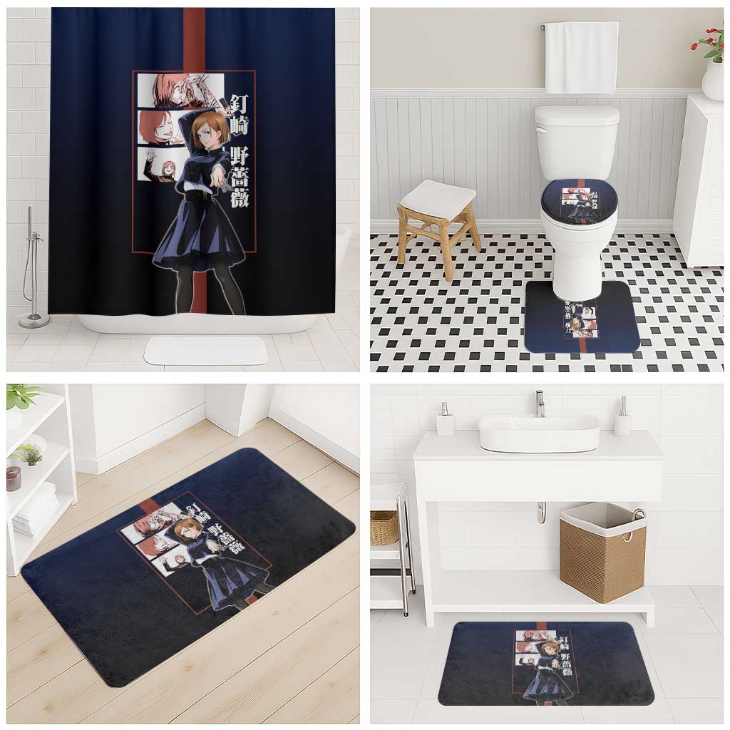 Nobara Kugisaki from Jujutsu Kaisen Bathroom Set with Dark Blue and Red Background and Multiple Poses Design - The Mazicc