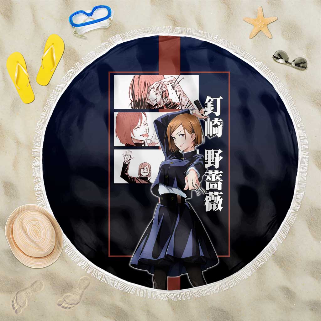 Nobara Kugisaki from Jujutsu Kaisen Beach Blanket with Dark Blue and Red Background and Multiple Poses Design - The Mazicc