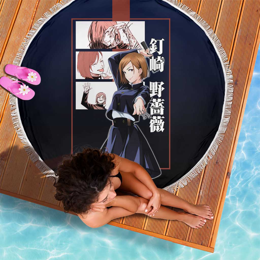 Nobara Kugisaki from Jujutsu Kaisen Beach Blanket with Dark Blue and Red Background and Multiple Poses Design - The Mazicc