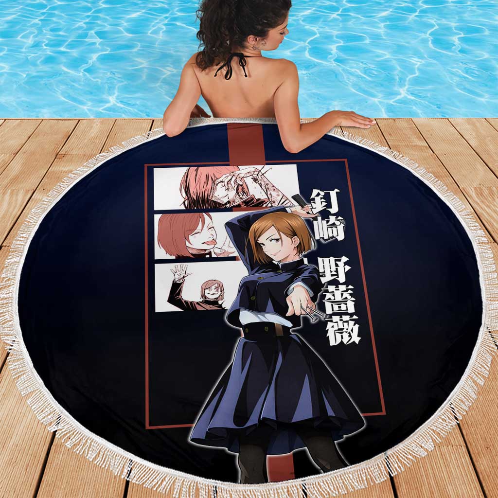 Nobara Kugisaki from Jujutsu Kaisen Beach Blanket with Dark Blue and Red Background and Multiple Poses Design - The Mazicc