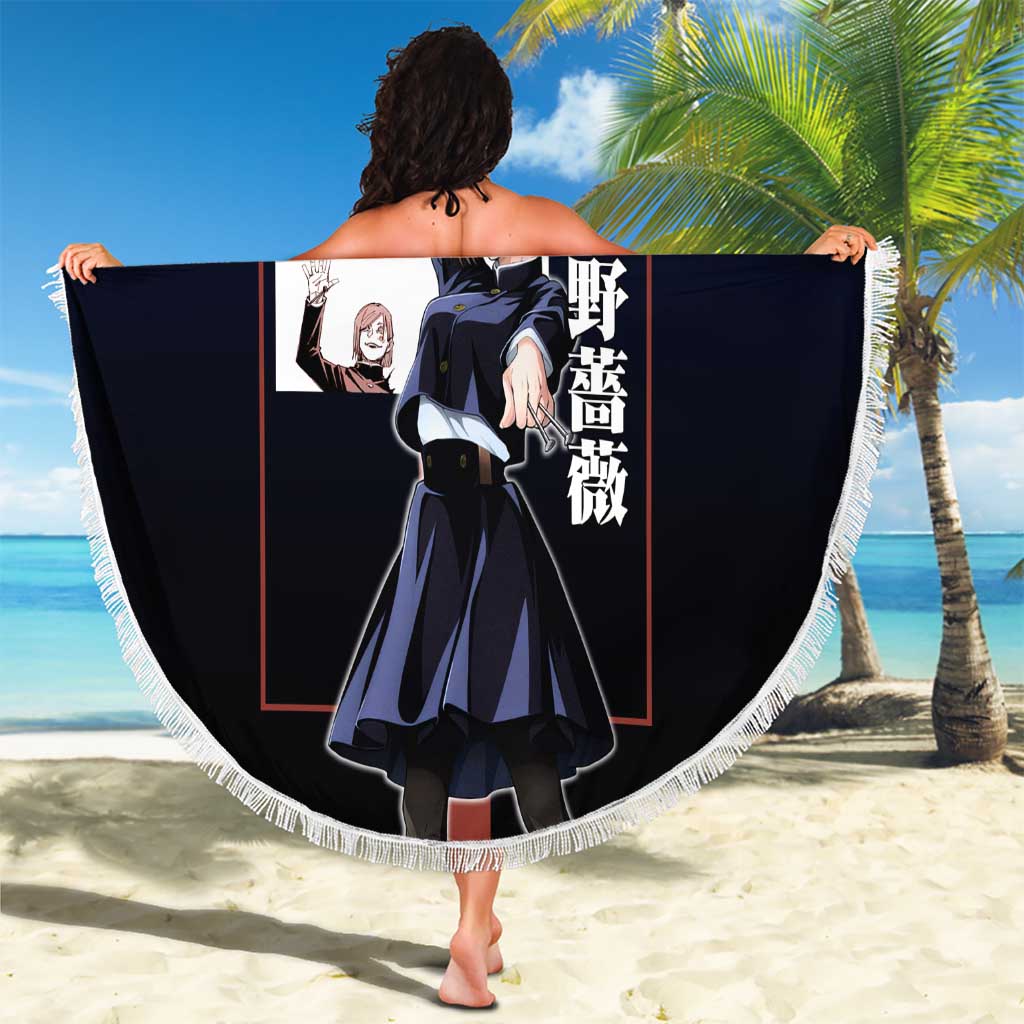 Nobara Kugisaki from Jujutsu Kaisen Beach Blanket with Dark Blue and Red Background and Multiple Poses Design - The Mazicc