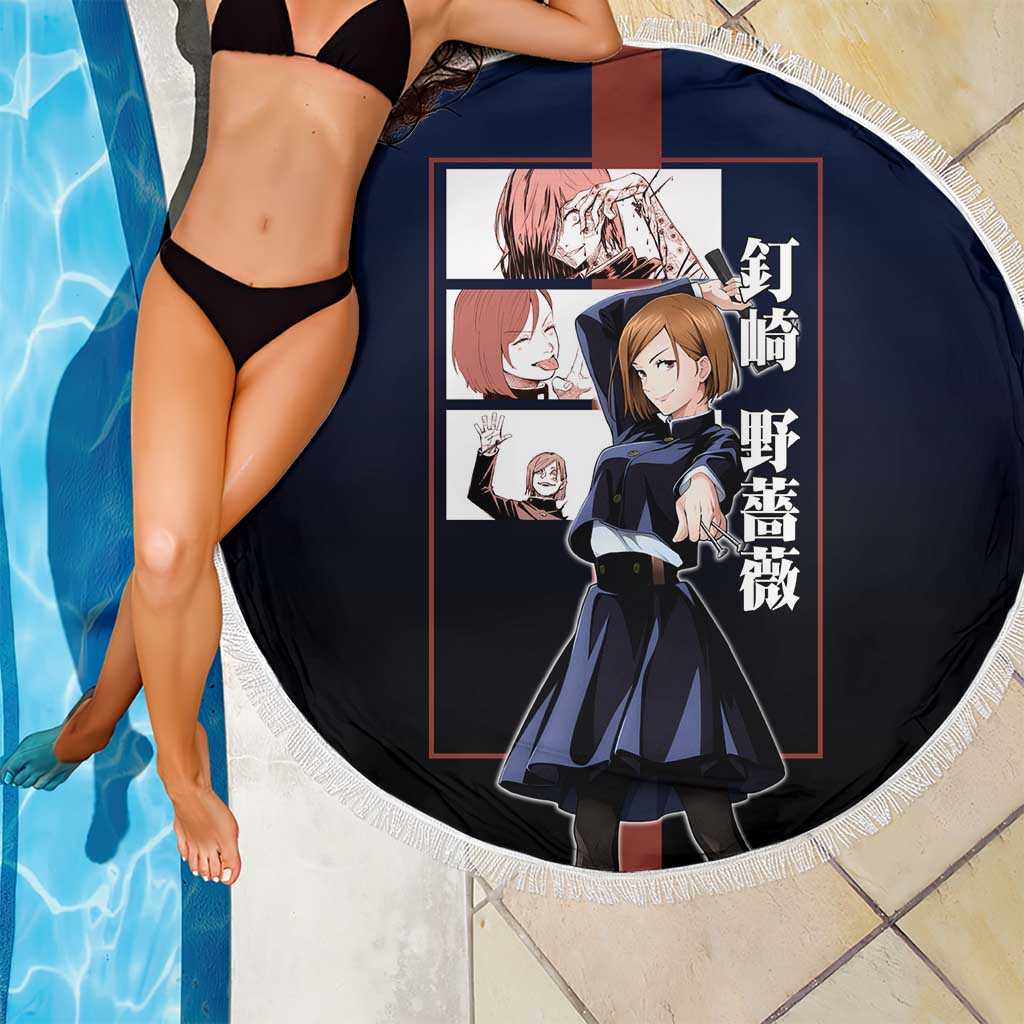 Nobara Kugisaki from Jujutsu Kaisen Beach Blanket with Dark Blue and Red Background and Multiple Poses Design - The Mazicc