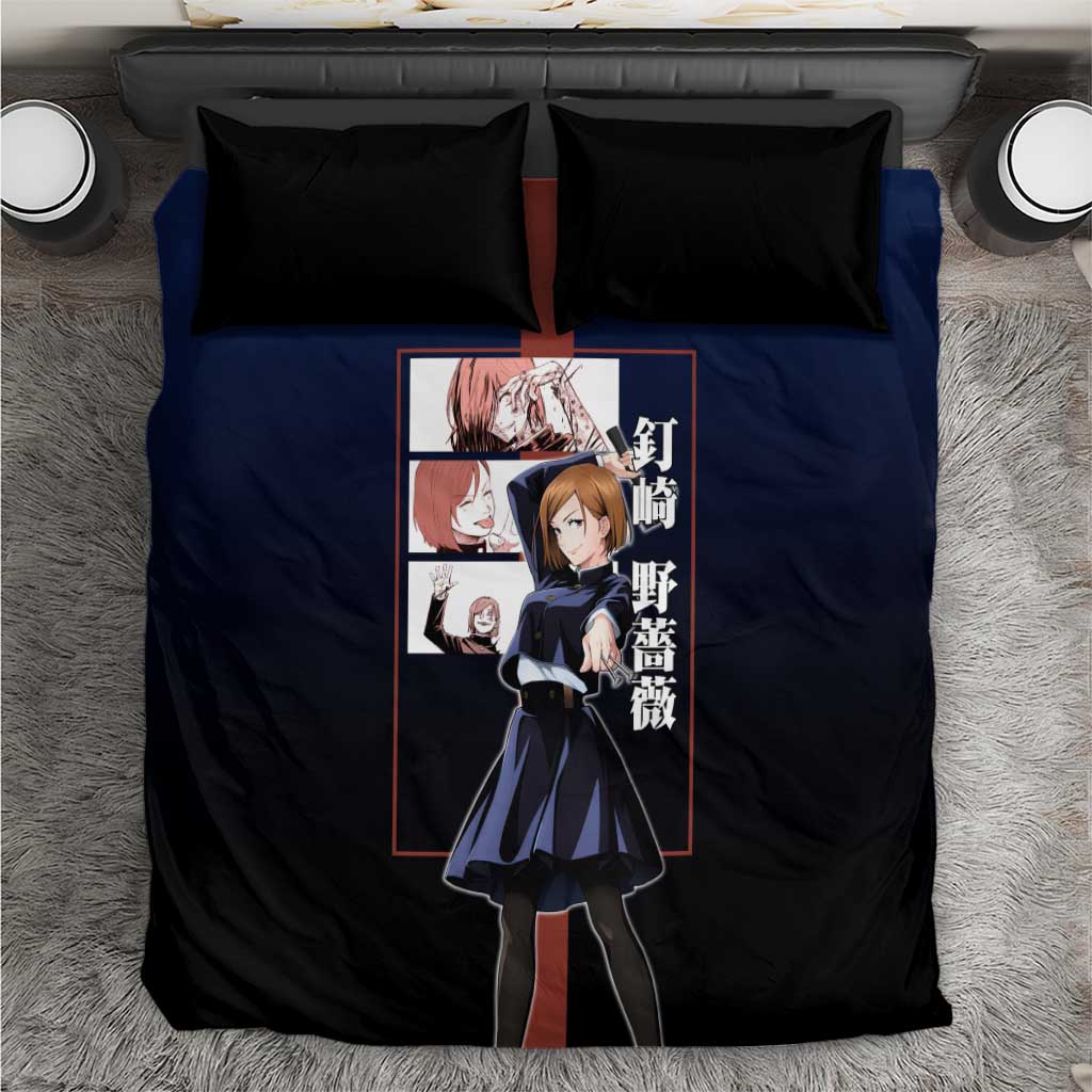 Nobara Kugisaki from Jujutsu Kaisen Bedding Set with Dark Blue and Red Background and Multiple Poses Design - The Mazicc