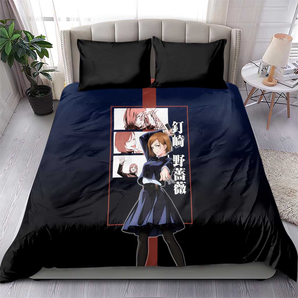 Nobara Kugisaki from Jujutsu Kaisen Bedding Set with Dark Blue and Red Background and Multiple Poses Design - The Mazicc