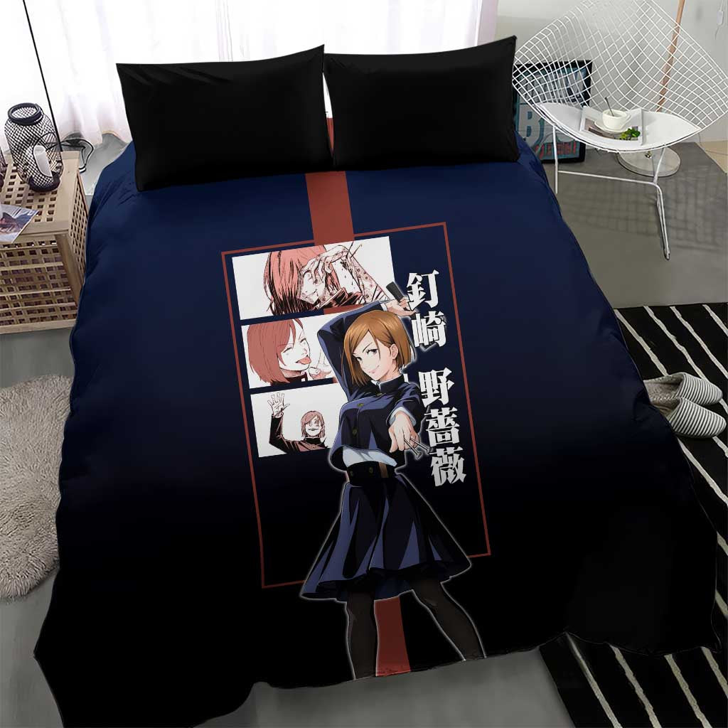 Nobara Kugisaki from Jujutsu Kaisen Bedding Set with Dark Blue and Red Background and Multiple Poses Design - The Mazicc