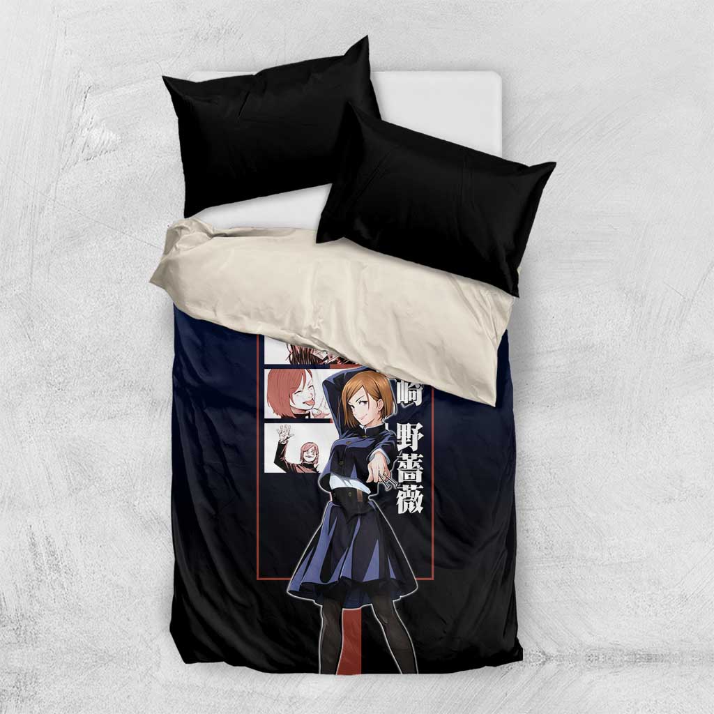 Nobara Kugisaki from Jujutsu Kaisen Bedding Set with Dark Blue and Red Background and Multiple Poses Design - The Mazicc