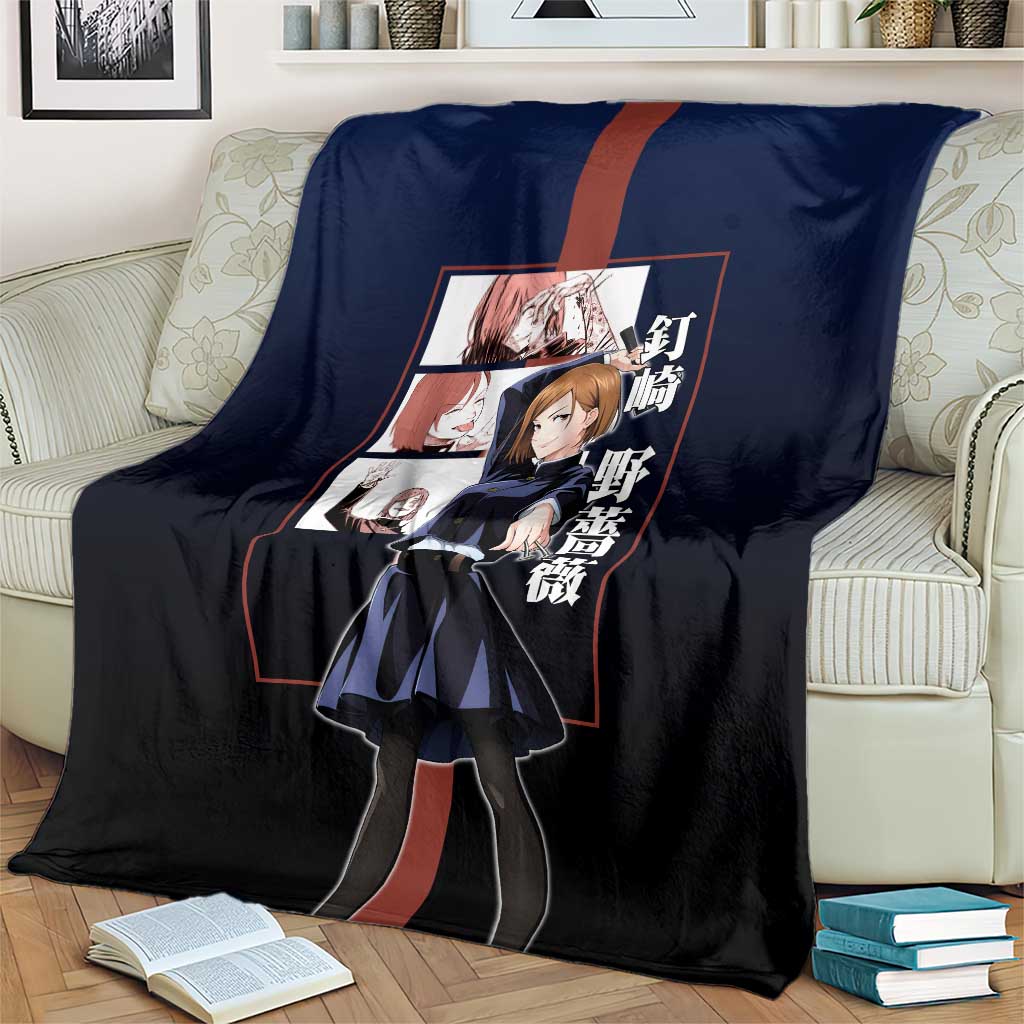 Nobara Kugisaki from Jujutsu Kaisen Blanket with Dark Blue and Red Background and Multiple Poses Design - The Mazicc