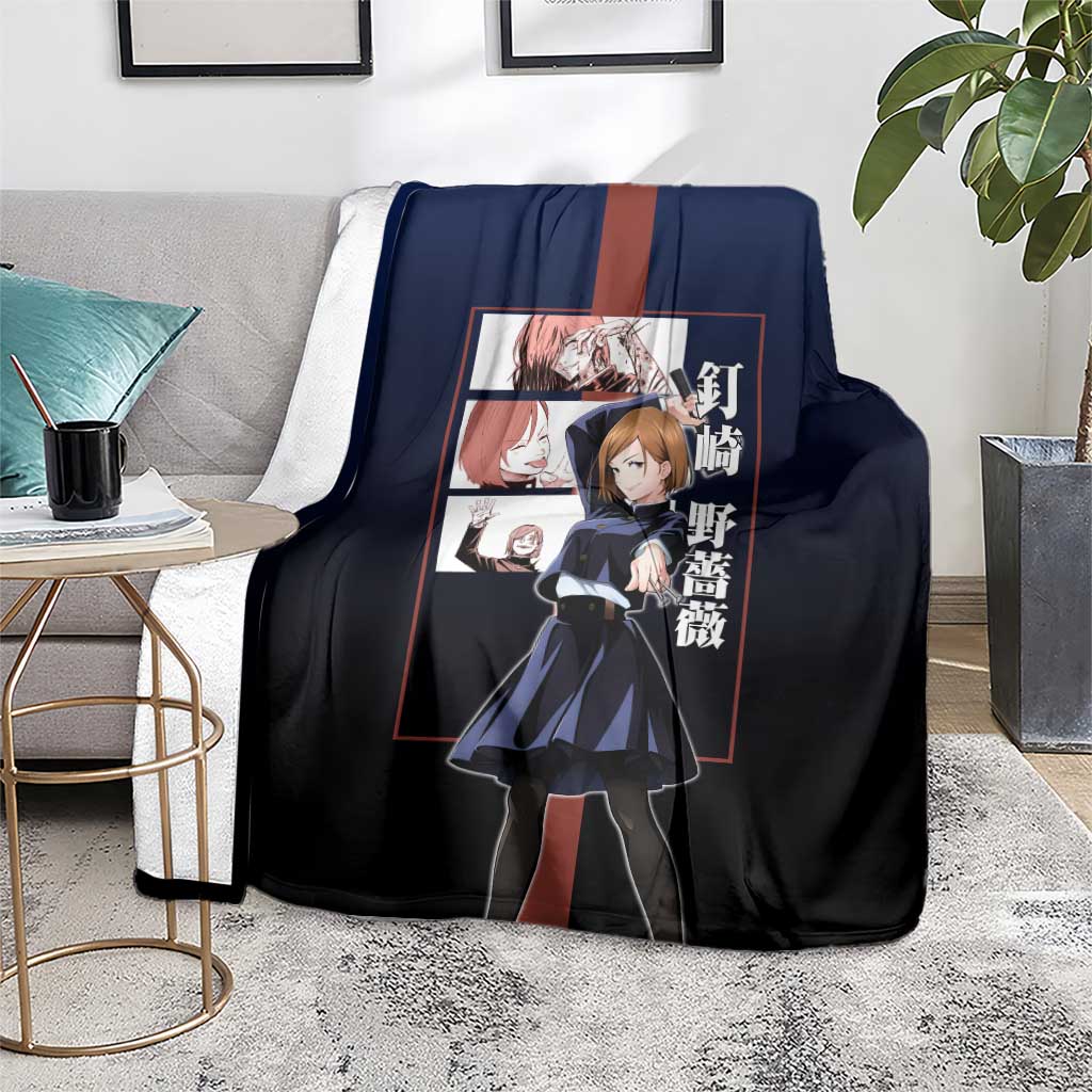 Nobara Kugisaki from Jujutsu Kaisen Blanket with Dark Blue and Red Background and Multiple Poses Design - The Mazicc