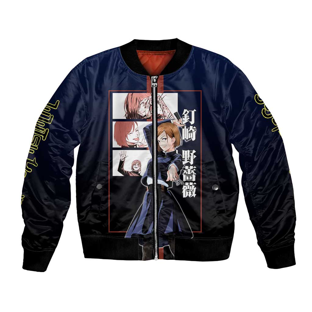 Nobara Kugisaki from Jujutsu Kaisen Bomber Jacket with Dark Blue and Red Background and Multiple Poses Design - The Mazicc