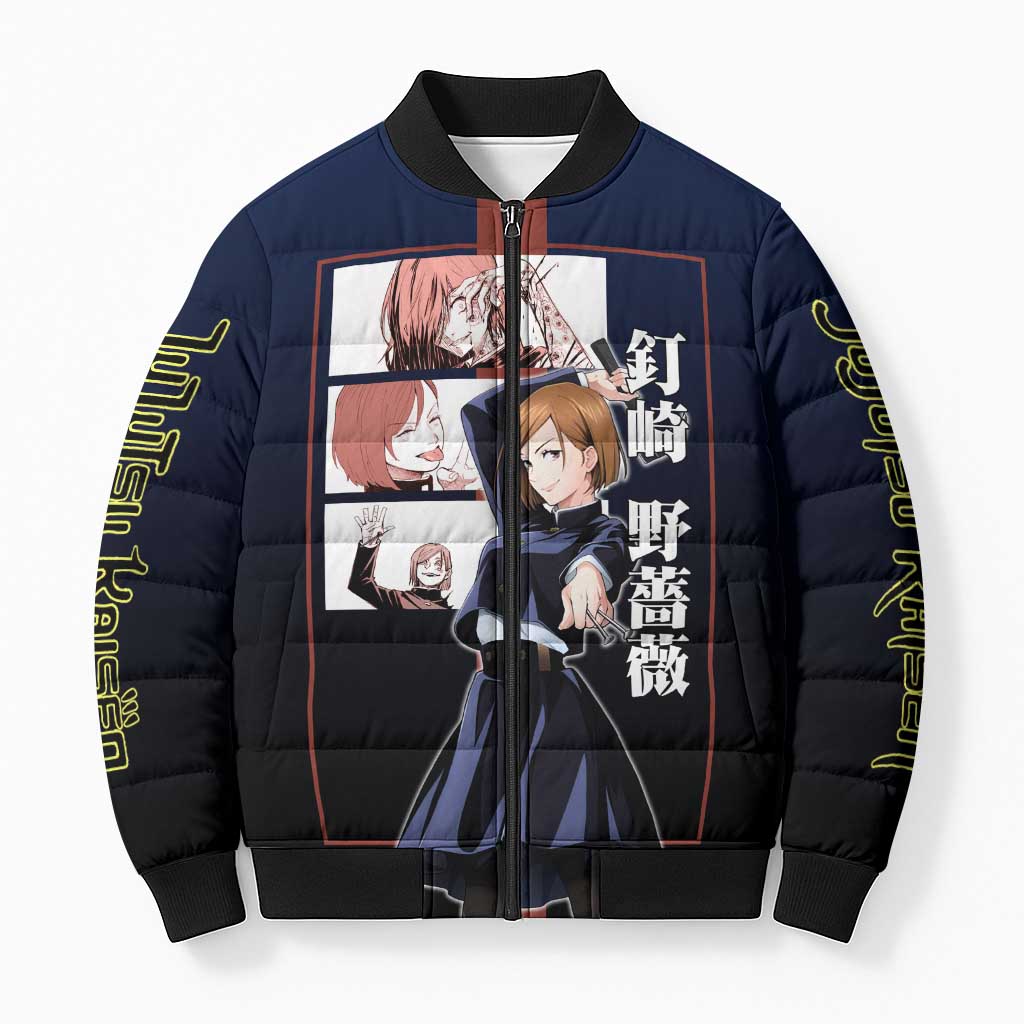 Nobara Kugisaki from Jujutsu Kaisen Bomber Puffer Jacket with Dark Blue and Red Background and Multiple Poses Design - The Mazicc