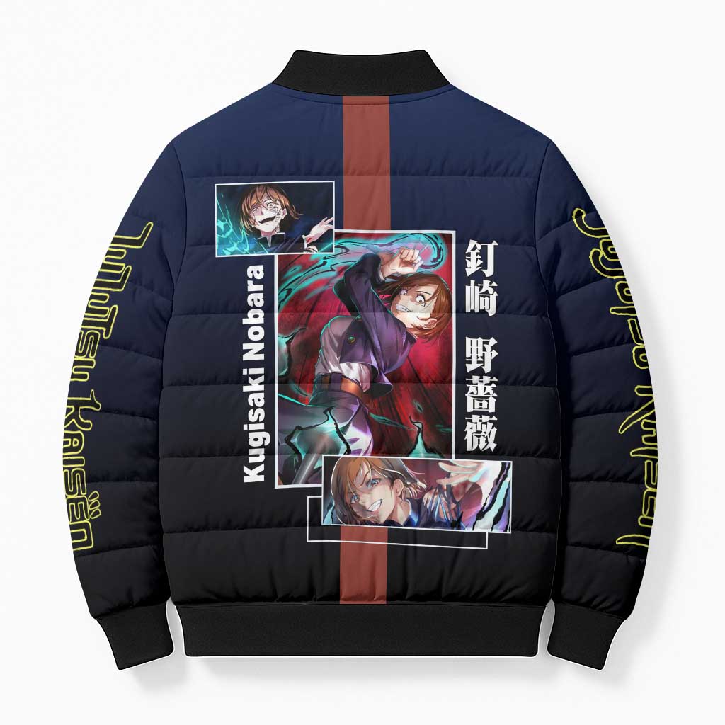 Nobara Kugisaki from Jujutsu Kaisen Bomber Puffer Jacket with Dark Blue and Red Background and Multiple Poses Design - The Mazicc