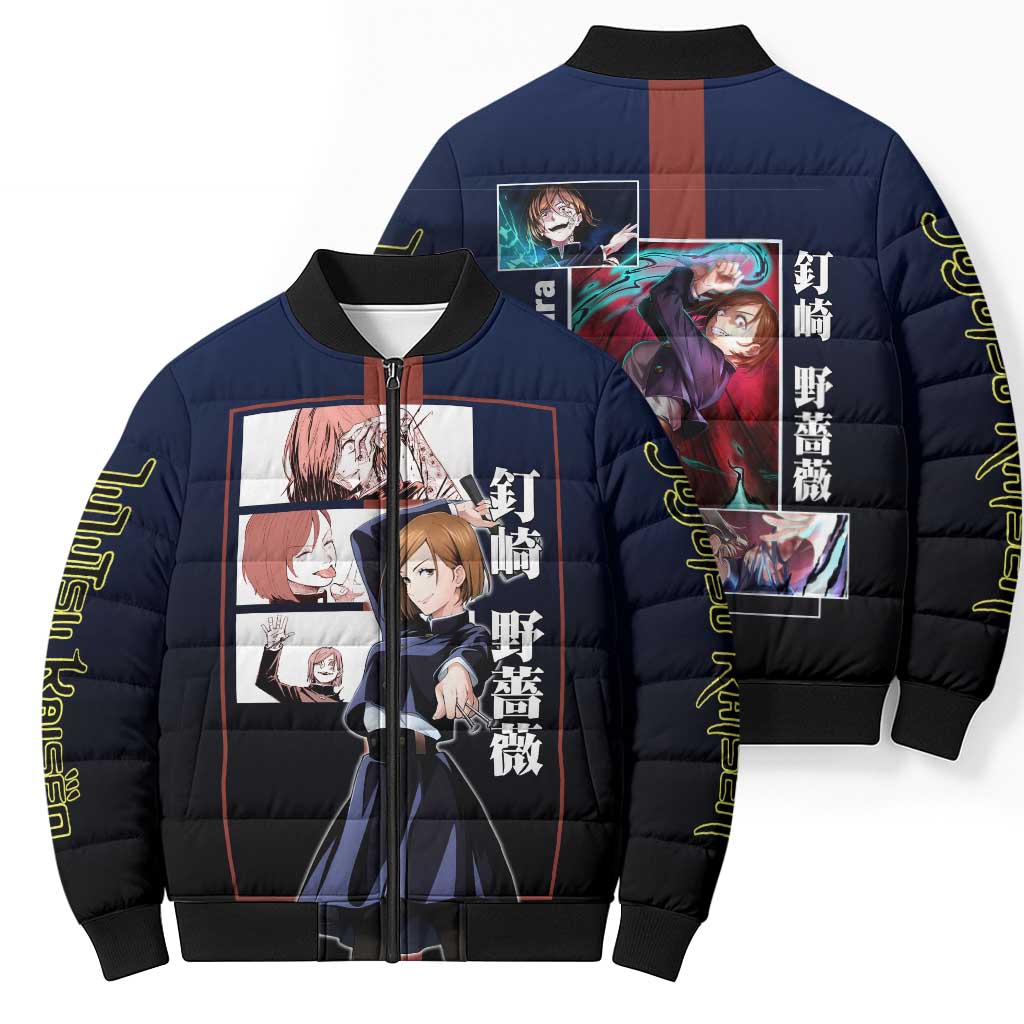 Nobara Kugisaki from Jujutsu Kaisen Bomber Puffer Jacket with Dark Blue and Red Background and Multiple Poses Design - The Mazicc