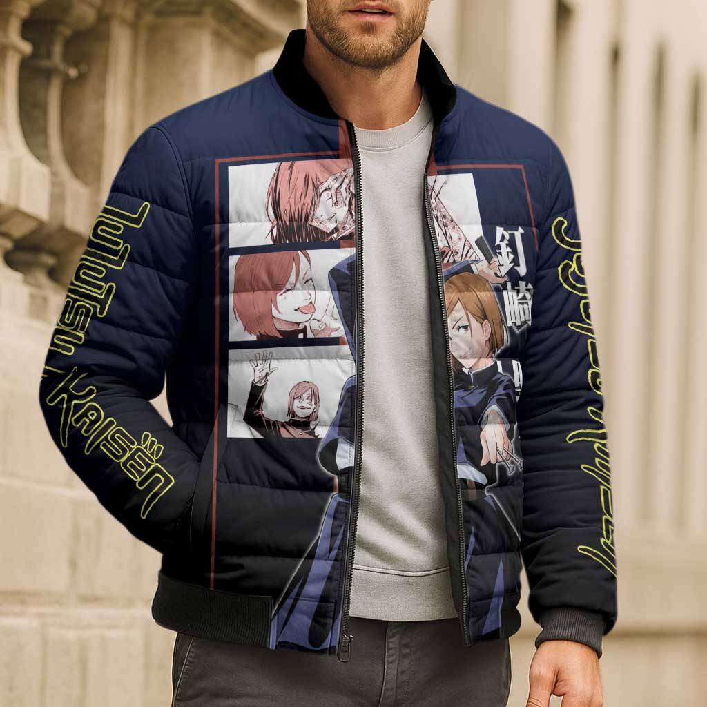 Nobara Kugisaki from Jujutsu Kaisen Bomber Puffer Jacket with Dark Blue and Red Background and Multiple Poses Design - The Mazicc