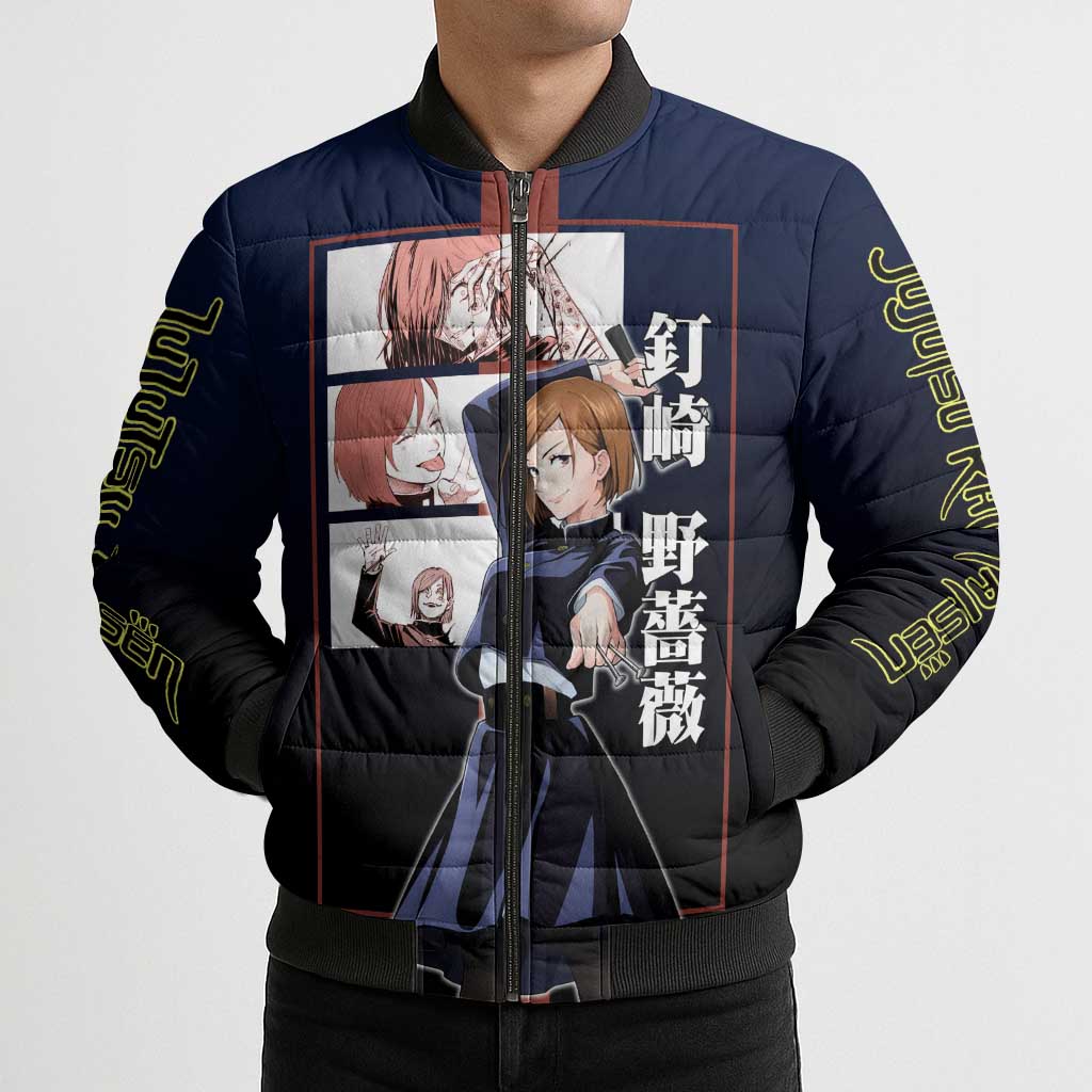 Nobara Kugisaki from Jujutsu Kaisen Bomber Puffer Jacket with Dark Blue and Red Background and Multiple Poses Design - The Mazicc