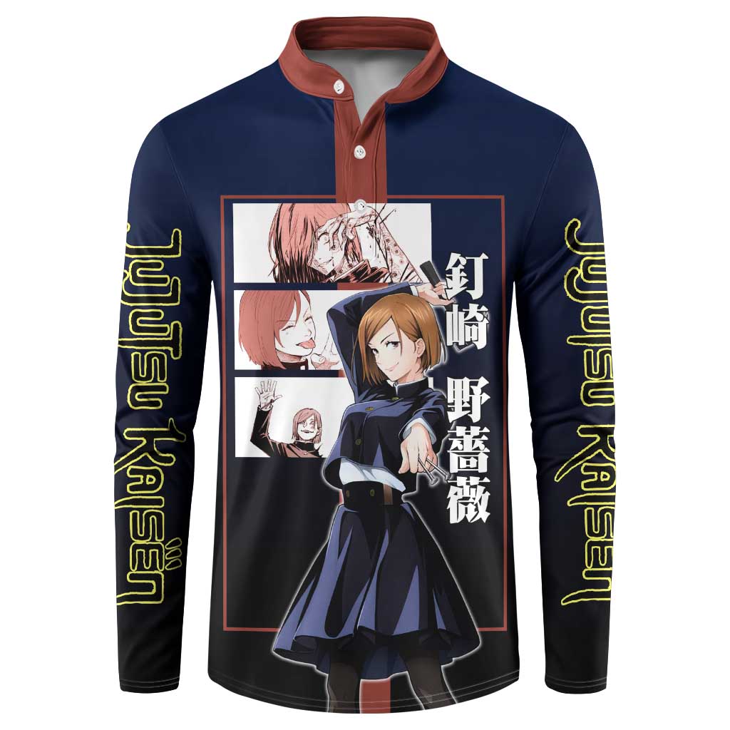 Nobara Kugisaki from Jujutsu Kaisen Button Sweatshirt with Dark Blue and Red Background and Multiple Poses Design - The Mazicc